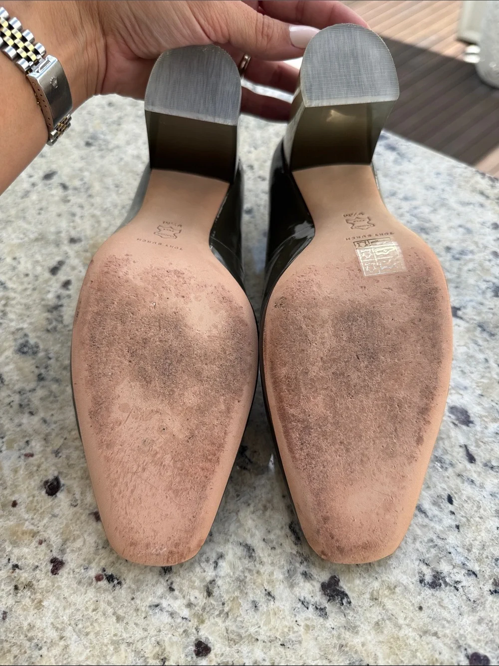 Tory Burch Olive Patent Block Heel Pumps